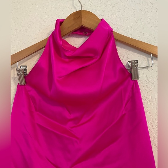 Amanda Uprichard 100% Silk Lunaria Feather-Trim Halter Dress, Small, Hot Pink - Picture 9 of 11